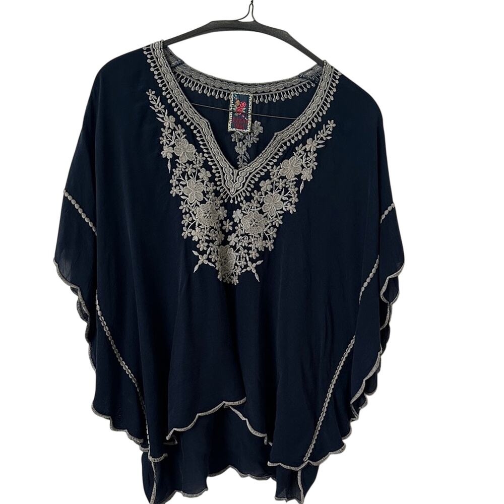 Johnny Was Navy Blue Embroidered V-Neck Tunic/Poncho
